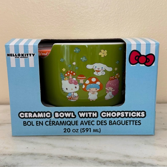 Sanrio Hello Kitty & Friends Mushroom Crew Ceramic Bowl w/ Chopsticks NWT! - Picture 4 of 5